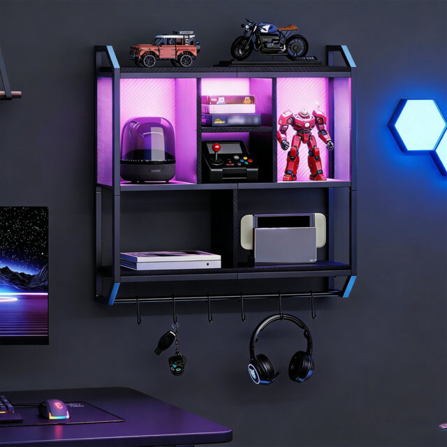 LED Gaming Floating Wall Shelf, 4-Tier Wall Mounted Display & Storage Rack With 6 S-Hooks For Gaming Room