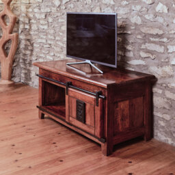 Solid Mango Wood TV Stand Cabinet – Fully Assembled Industrial Rustic Media Unit With Sliding Barn Door – Wooden Entertainment Console For Living Room