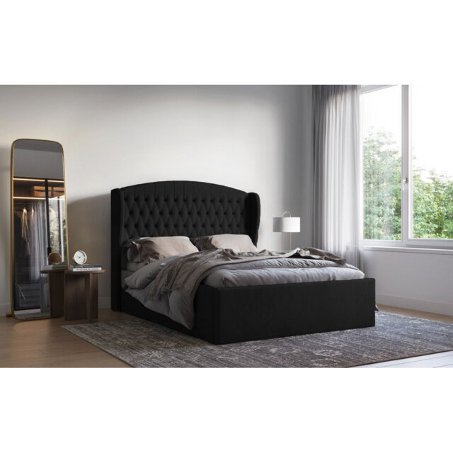 Medau Velvet Upholstered Bed Frame - Padded Headboard, Chrome Feet
