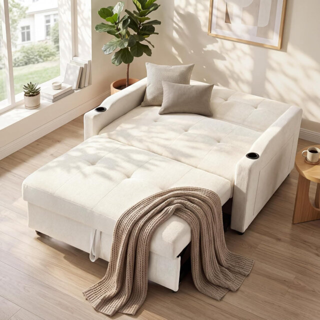 Jaxenor 2 Seater Sofa Bed, Pull Out Sleeper Sofa, Convertible Loveseat Sofa Bed with Cup Holders for Living Room, Guest Room, Apartment, Studio, Space