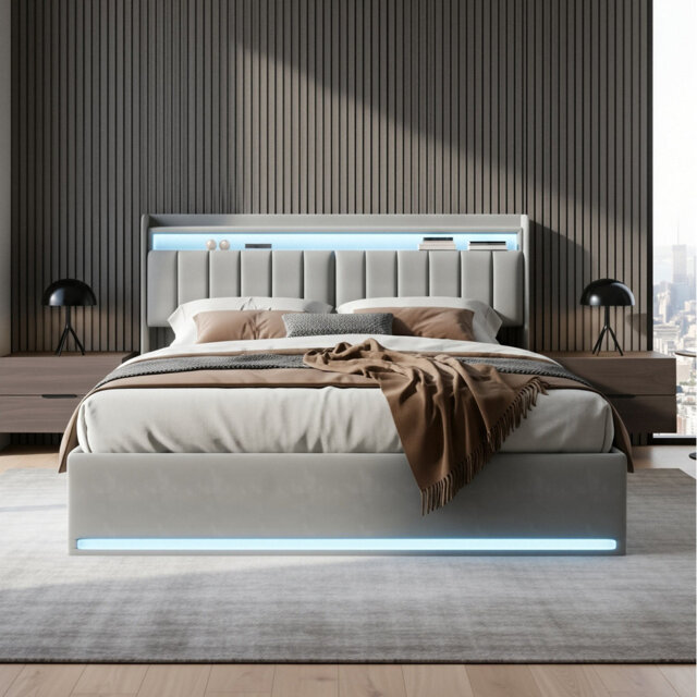 Modern Velvet Ottoman Bed With Surround LED Lights & Storage Headboard, European Double & King Size Frame With USB-C Port, Grey & Beige