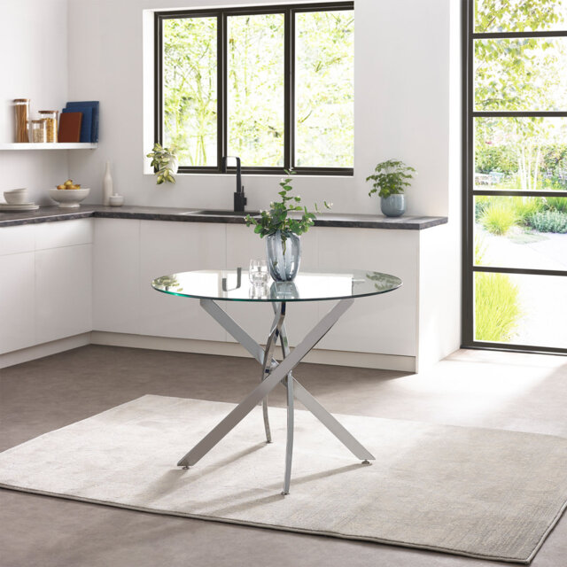 Darnice Round Glass Top Metal Base Dining Table