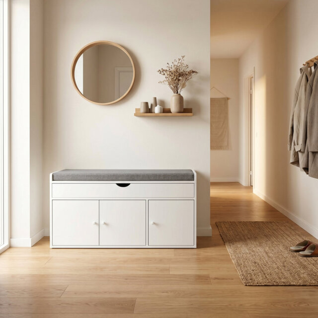 100cm Entryway Shoe Bench with Linen Cushion - Hidden Storage & 2-Tier Rack - White