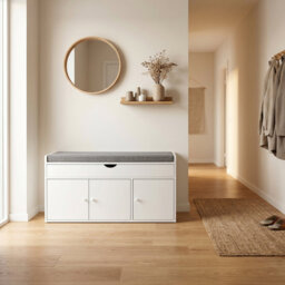 100cm Entryway Shoe Bench with Linen Cushion - Hidden Storage & 2-Tier Rack - White