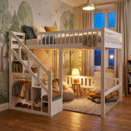 EU Single & Double Solid Wood Loft Bed with Storage Stairs & Wardrobe Rail, 161cm H Space-Saving Cabin High Sleeper Bed Frame with High Guardrail, Whi