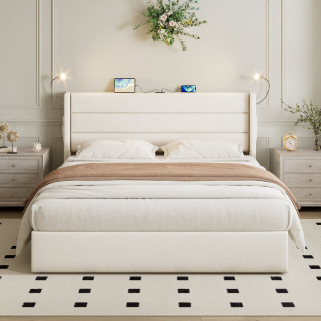King Size Ottoman Storage Bed With Usb Charging Station & Adjustable Reading Lights - Modern Hydraulic Lift Design