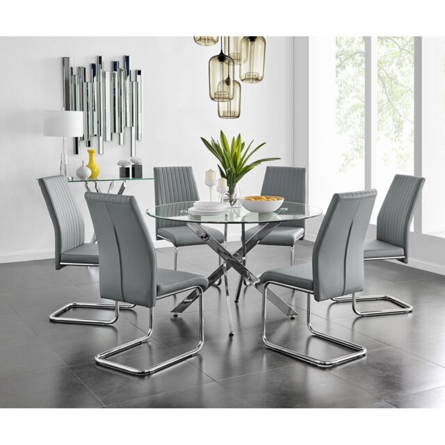 Tierra Modern Chrome Metal & Glass Round Dining Table Set with 6 Upholstered Faux Leather Chairs