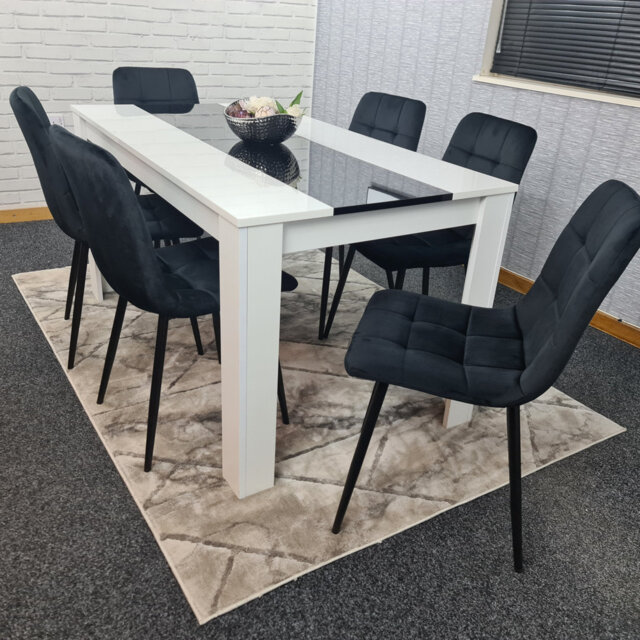 Dining Table 7 Piece Set Wooden White And Black Table Tufted Velvet Grey Or Black Chairs