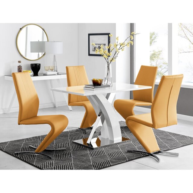 Marietta Chrome Metal and White High Gloss Dining Table Set - 4 Luxury Modern Dining Chairs