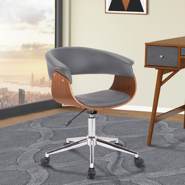 Casler Mid-Century Office Chair with Open Back in Faux Leather, Walnut Veneer and Chrome Finish