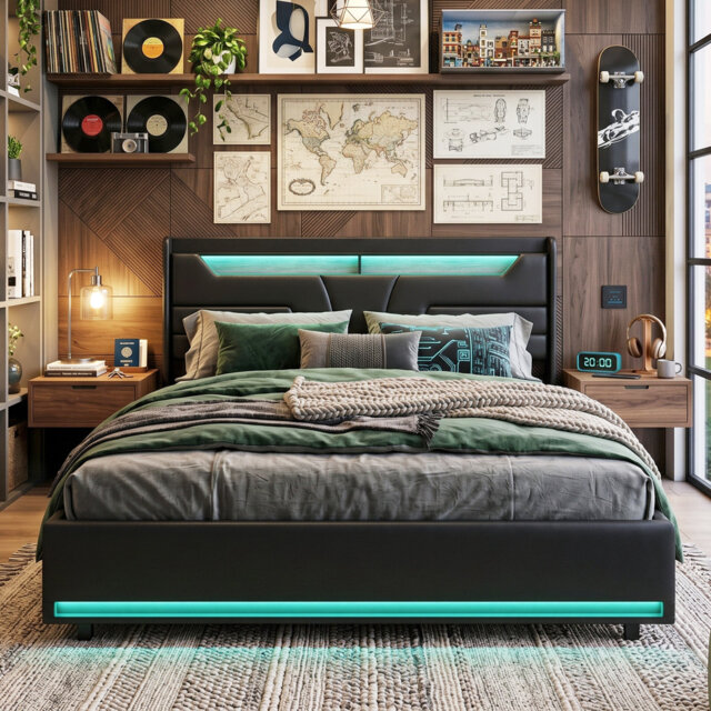 EU Double & King Faux Leather Ottoman Bed with Dual-Zone LED & Charging Shelf, Black PU Floating Storage Bed, 140/160x200cm