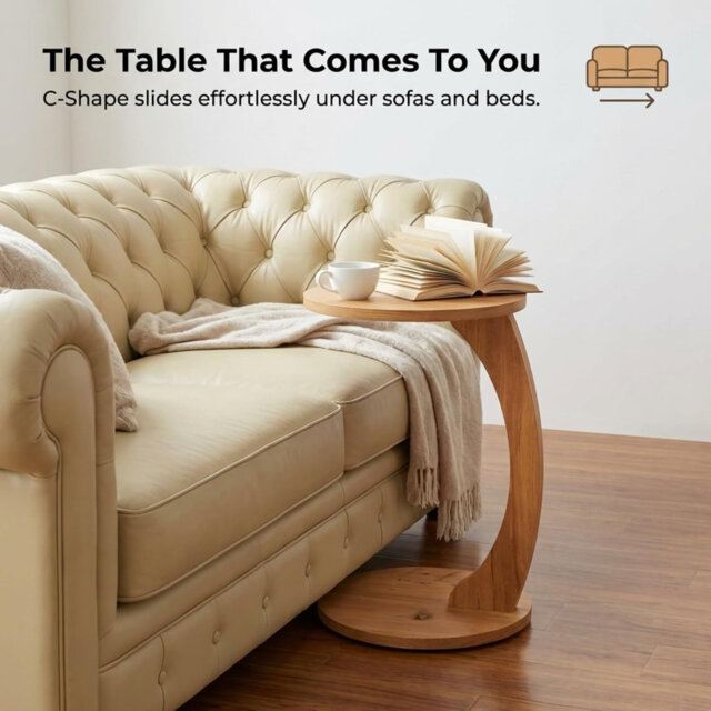 Adhem C-Shaped Round End Table with Rolling Wheels: A Movable, Space-Saving Side Table Perfect for Sofas, Living Rooms, Bedside Areas, and Optimizing