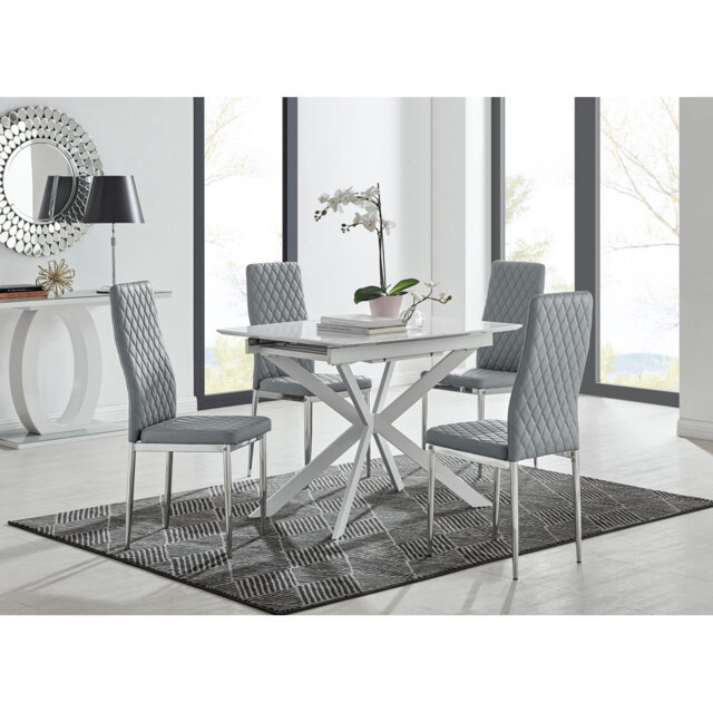 Eubanks Modern High Gloss Extendable Dining Table Set with x4 Luxury Faux Leather Dining Chairs