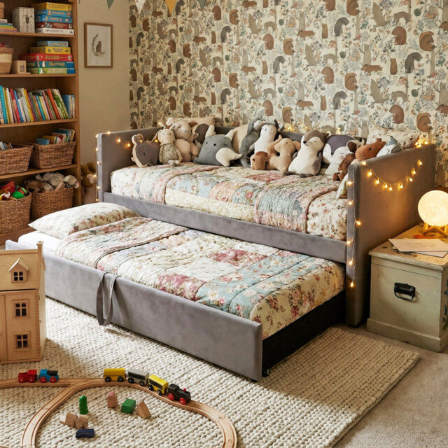 Velvet Upholstered Extendable Daybed With Pop-Up Trundle, 3-In-1 Sofa Bed Converts To Double, Beige & Grey