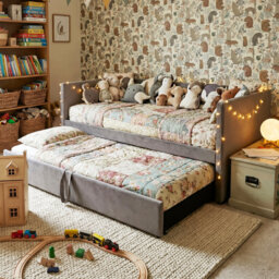 Velvet Upholstered Extendable Daybed With Pop-Up Trundle, 3-In-1 Sofa Bed Converts To Double, Beige & Grey