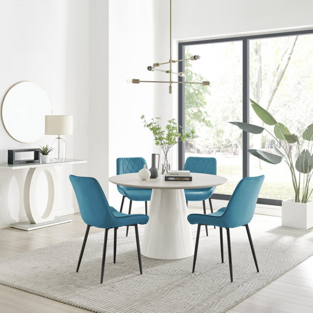 Edzard Statement 4 Person Round Dining Table Set in Luxury Stone Effect - Velvet Dining Chairs