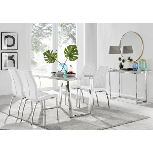 Kylooe Modern Marble Effect And Silver Dining Table Set With 4 Soft Touch Faux Leather Chairs