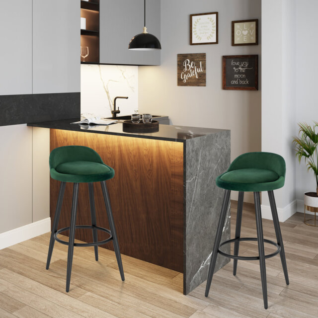 Bar Stools Set Of 2 Velvet Seat Bar Chairs Breakfast Kitchen Counter Islands Metal Legs Barstools High Stools