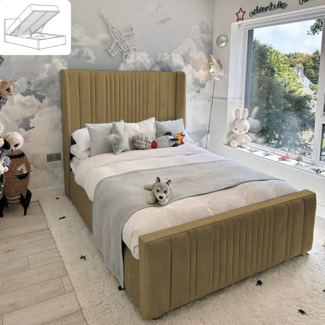 Morio Upholstered Bed - Wingback Ottoman Storage with Plush Velvet Gas Lift