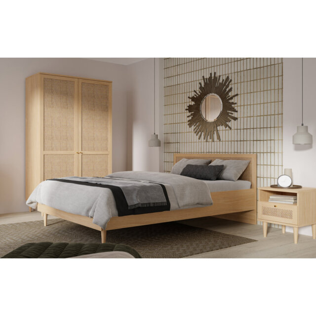 Bed Frame with Headboard, Elegancia Oak/Polyrattan, 147 cm W x 90 cm H x 206 cm D