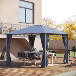 Grey Pyramid Top Hardtop Gazebo, 6mm Polycarbonate Roof & Hybrid Frame, Zipper Curtains & Ceiling Hooks, 3m×3.6m Backyard Pavilion