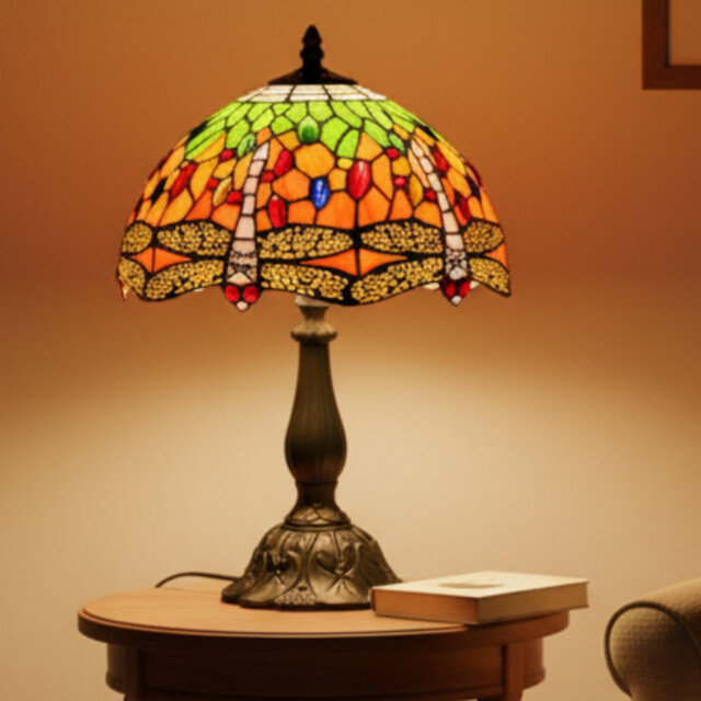 Classic Orange/Green Dragonfly Tiffany Stained Glass Table Lamp - 12 inch Diameter