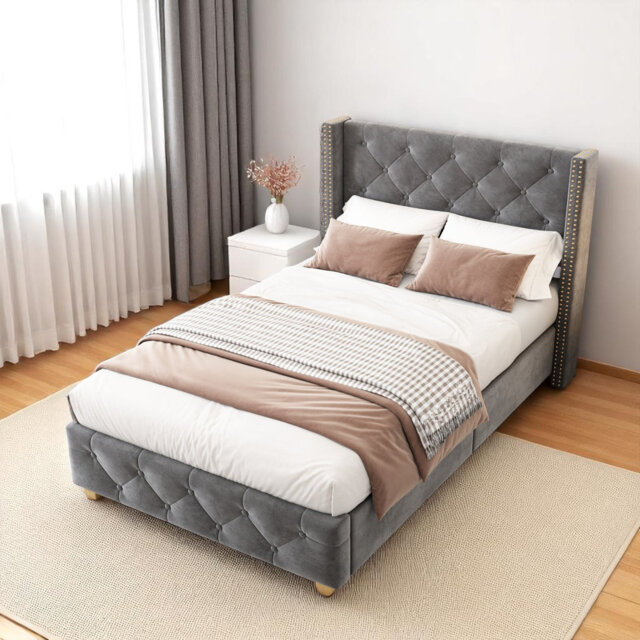 Velvet Upholstered Bed With Slatted Frame And Headboard Button And Rivet Upholstery