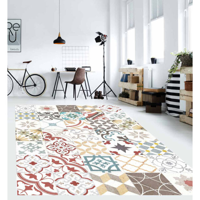 Vinyl Floor Mat for Home, hydraulic style, non-slip PVC,  vintage tiles 4   66x250 cm