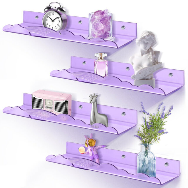 Rainbow Acrylic Floating Shelves, 15in Wall-Mounted Nursery Bookshelves for Books, Toys, and Decor (4-Pack)