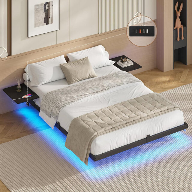 Floating Bed Frame with LED Lights and Charging Station Bed Frame with Storage Shelves Metal Platform Bed Frame,Under-bed Storage/Noise Free