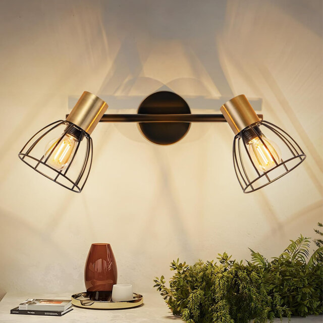 Indoor Wall Light, Retro Wall Light, E14 Lamp Holder, Black 350° Rotating 2-Bulb Retro Metal Wall Light, Suitable for Staircase, Corridor, Living Room