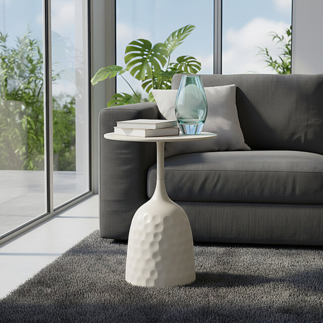 White Hammered Texture Round Side Table
