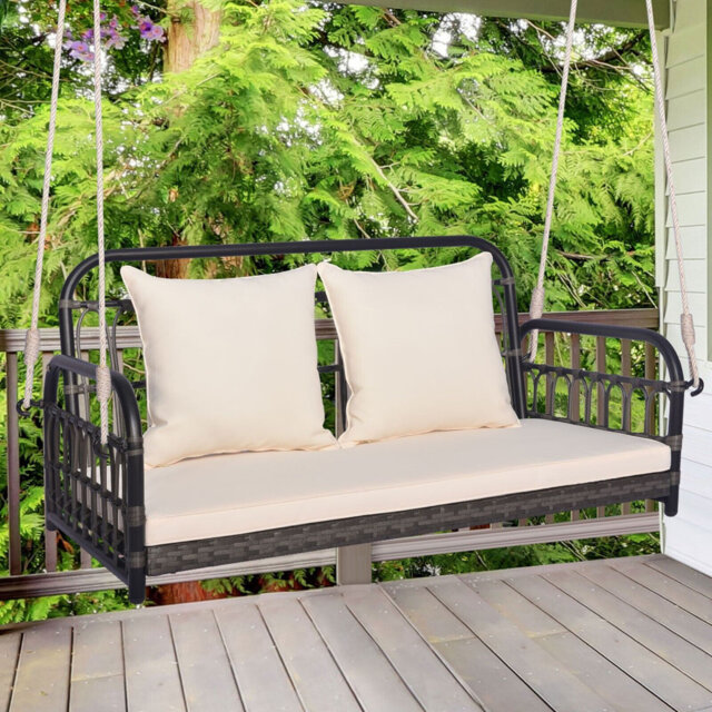 2-Person Patio Wicker Swing Chair Hanging Outdoor Swing Bench W/Cushions