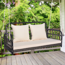 2-Person Patio Wicker Swing Chair Hanging Outdoor Swing Bench W/Cushions