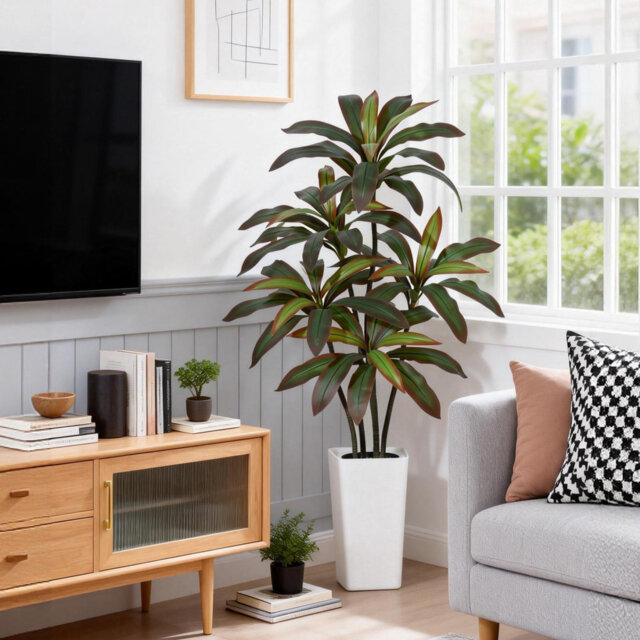 Artificial Dracaena Plant Indoor Fake Tree with White Tall Planter - Faux Yucca Tall Fake Floor Plant in Pot - Artificial Trees for Home Office Living