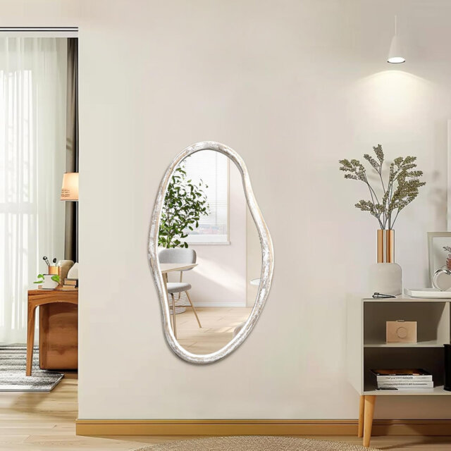 Irregular Wall Mirror ,Wooden Frame Hanging Mirror , Large Makeup Dressing White Mirrors 75X45cm