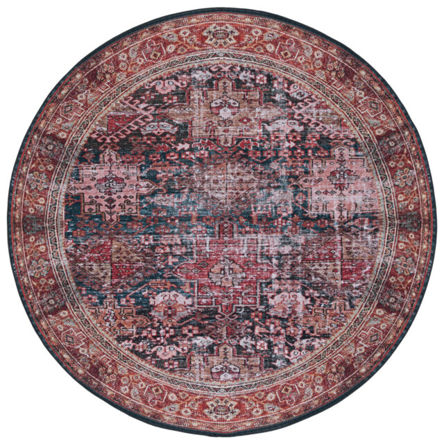 Tucson Vintage Look Machine Washable Non-Slip Area Rug in Red, Navy & Beige