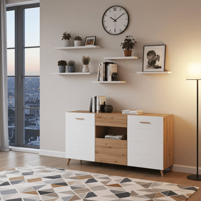 Flux Slatted Artisan Oak Effect And White Gloss Sideboard 173cm Wide Cabinet Storage With Drawer, Doors, And Shelf For Living Or Dining Room