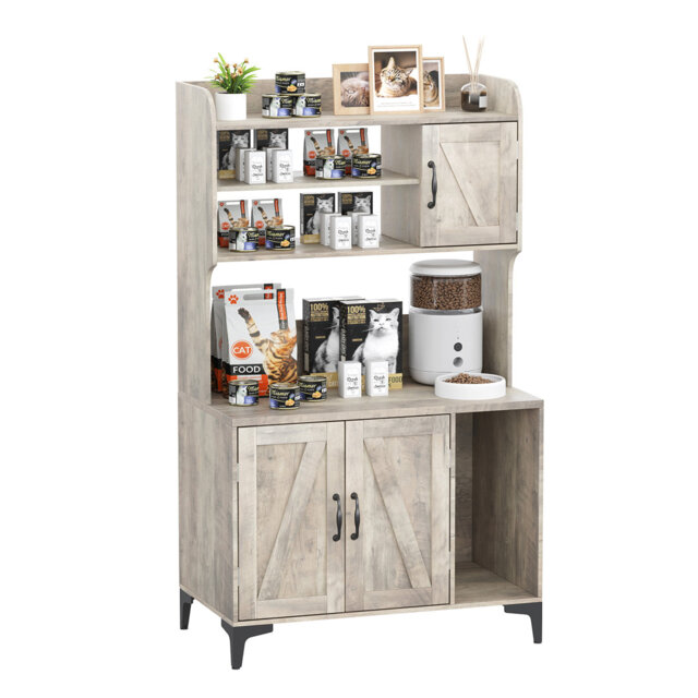 Hidden Cat Litter Box Cabinet with Scratching Pad & Storage - Multi-Tier Shelves, Odor Control, Fits Standard Tray, Sturdy Wood Frame