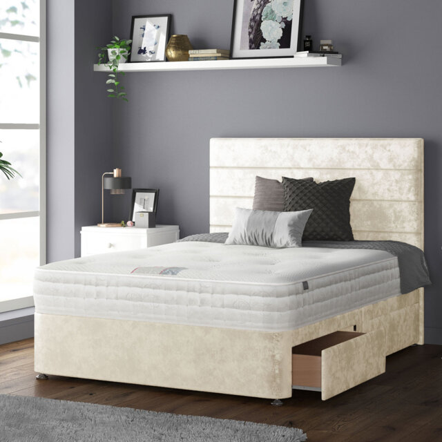 Kiara Stripped Floor Standing Headboard with Divan Base Crush Velvet and Metal Feet