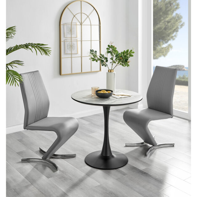 Ellis White Marble Effect Melamine Round Dining Table Set with 2 Modern Design Faux Leather Chairs