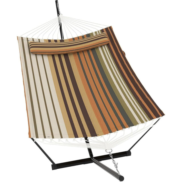 365cm 2 Person Freestanding Double Hammock with Stand, Coffee Stripe Outdoor Hammock Equipped with Pillow & Balance Rope, 204kg Load Capacity for Pati