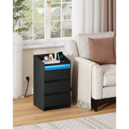 Bedside Table with 3 Drawers, Bedside Cabinet, Side Table with Charging Station and LED, 2 AC and 2 USB Ports, Nightstand for Bedroom, Living Room, En