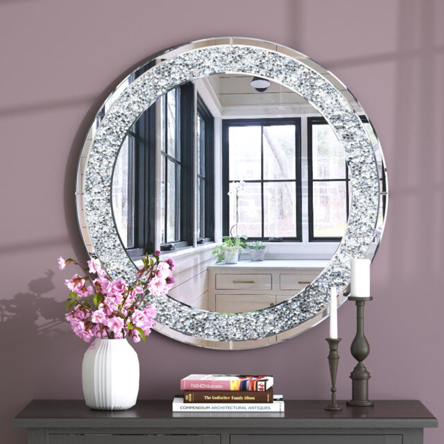 Glass Round Wall Mirror Diamond Framed Venetian Accent Mirror 80x80cm