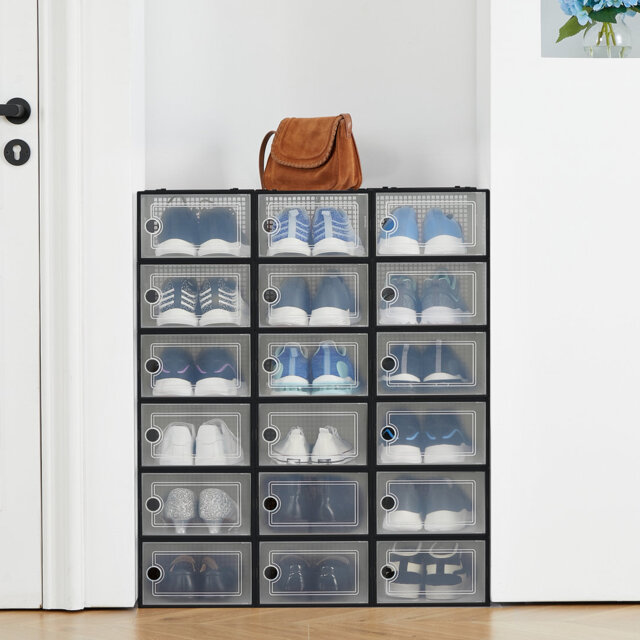 18 Pack Clear Plastic Stackable Shoe Storage Boxes with Hinged Door, Large Shoe Organizer Fits Up to UK Size 13.5 for Wardrobe & Hallway