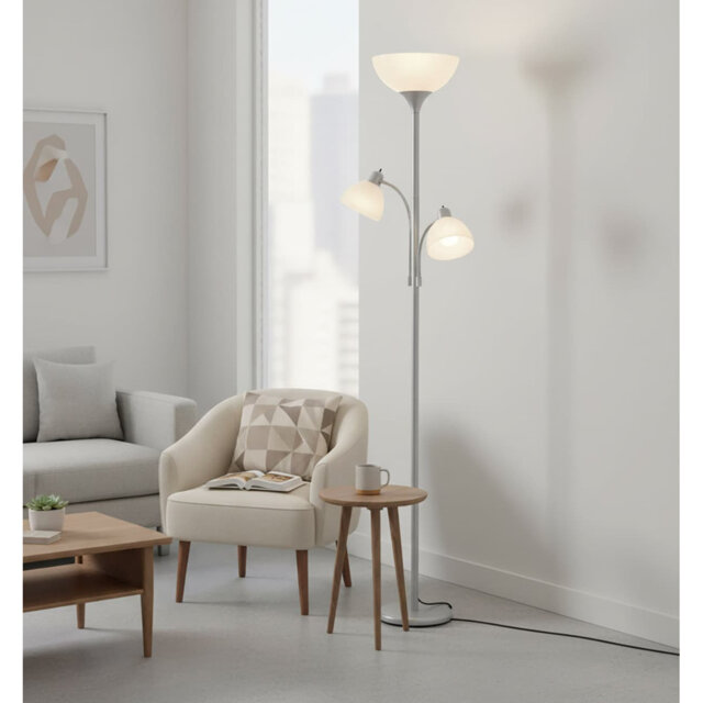 Sky Dome Double LED Torchiere Floor Lamp - Pole Super Bright Dimmable Standing Lamp with 2 Reading Lights