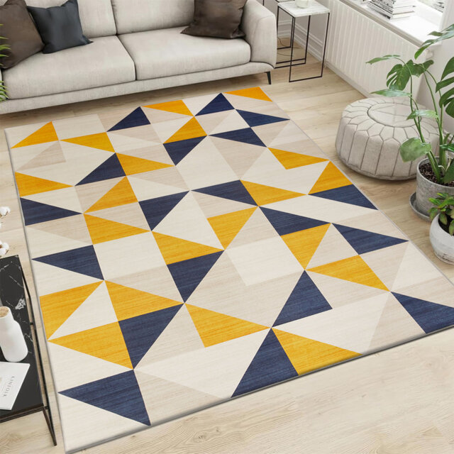 Modern Geometric Machine Tufted Area Rug â Navy Blue, Yellow & Ivory
