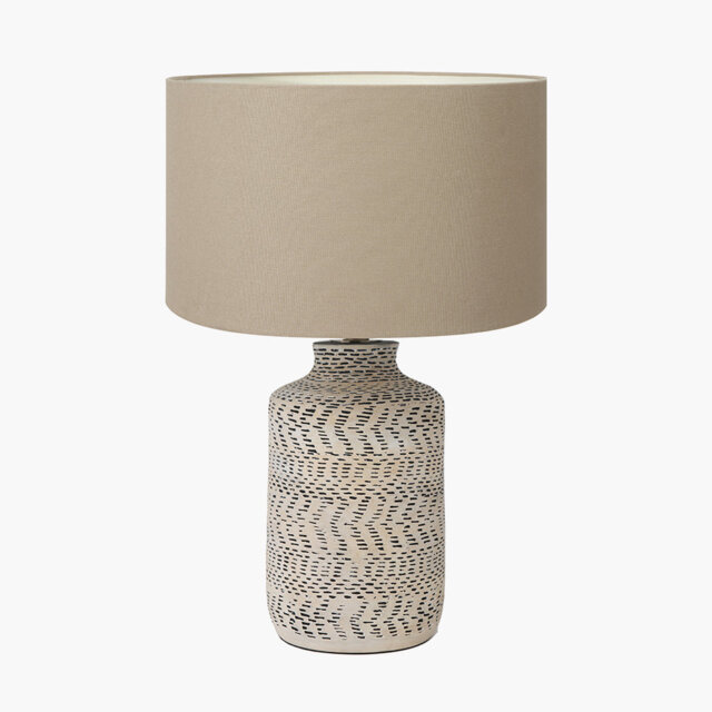 Atouk Textured Natural and Black Stoneware Table Lamp Base with Milos 35cm Natural Linen Tapered Lampshade