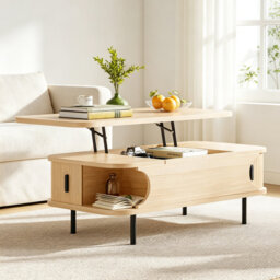 Modern Light Oak Lift-Top Wooden Coffee Table 101x51x52cm, with Sliding Door, Open Shelf and Hidden Storage Compartment, Multi-Purpose Table