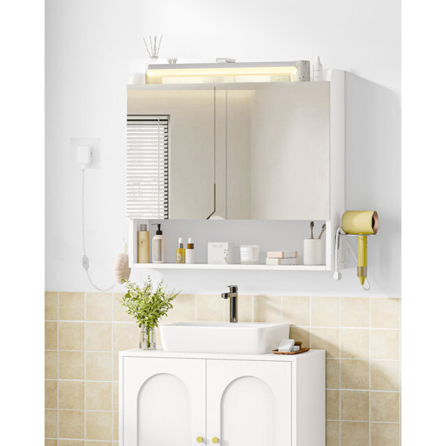 Bathroom Mirror Cabinet with LED Lights, Bathroom Wall Cabinet with Plug, Bathroom Cabinet, 2 Doors and Open Storage, Adjustable Shelf, Hair Dryer Hol